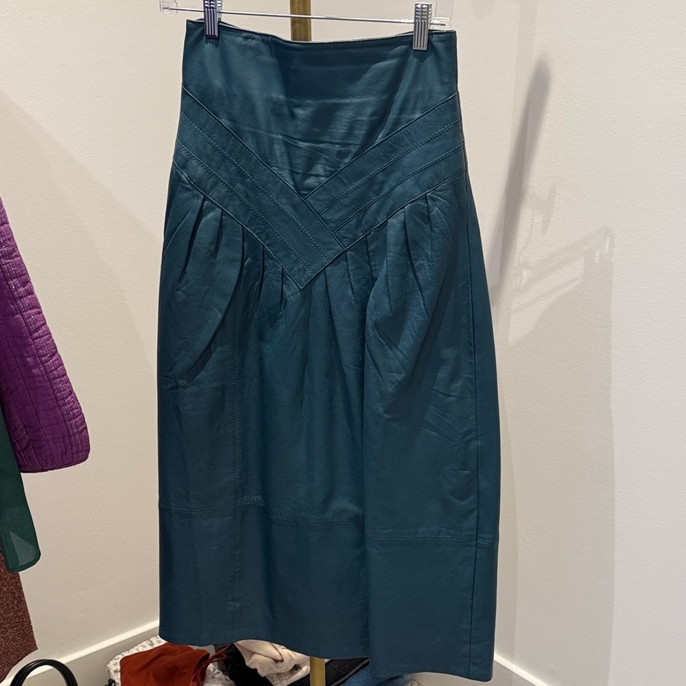 Vintage Leather Dark Teal Midi Skirt with V-Waist Panel